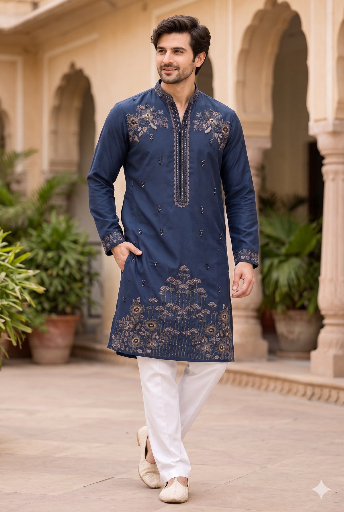 KPD6049 Midnight Navy Embroidered Kurta with White Pyjama Set