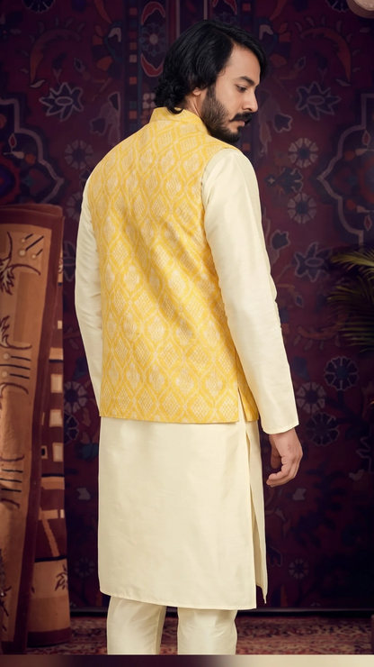 KPD2021 Cream Kurta Pyjama Set With Designer Yellow Floral Jacket (Koti) and Pocket Square