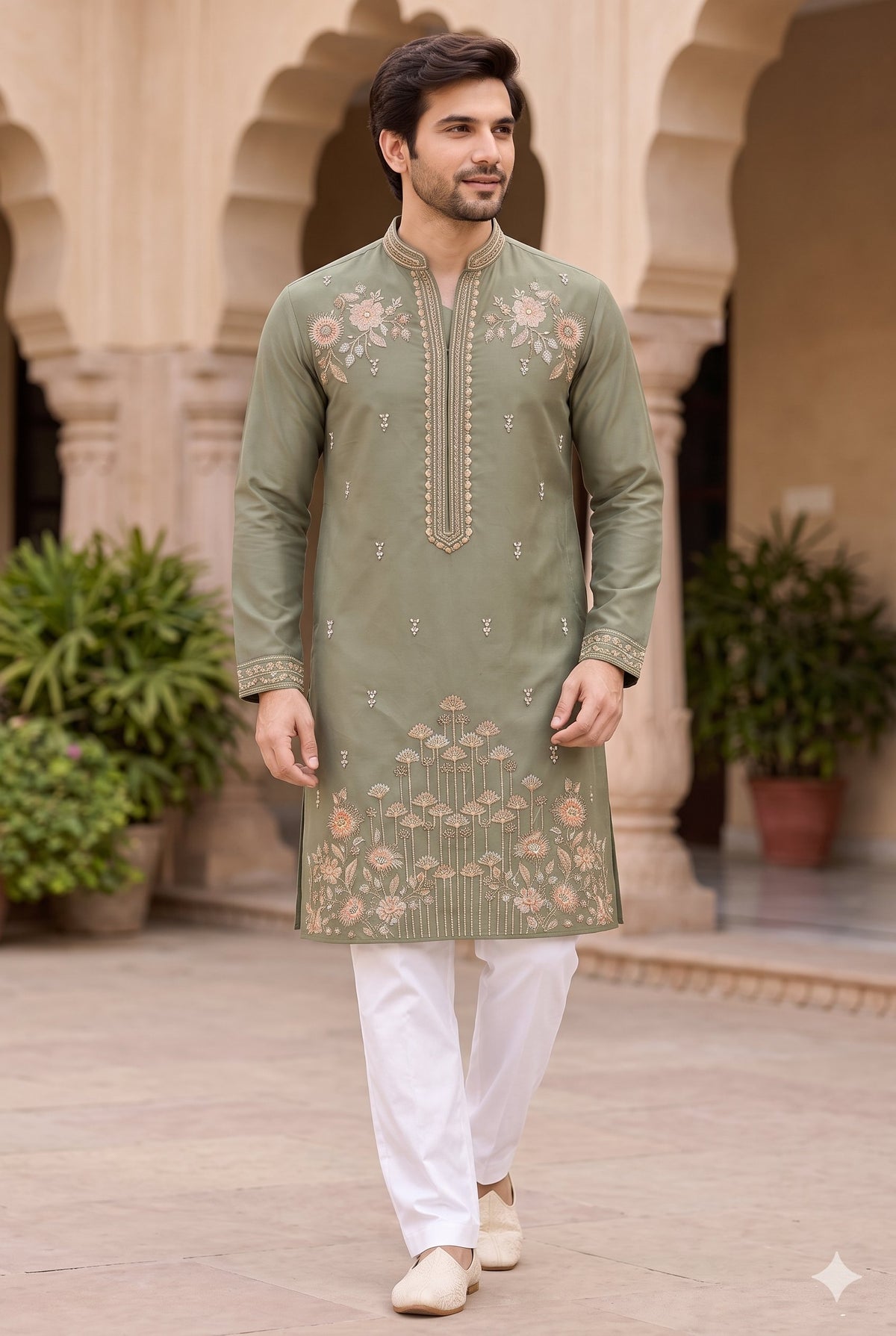 KPD6050 Sage Green Heavy Leaf Embroidered Kurta with White Pyjama Set