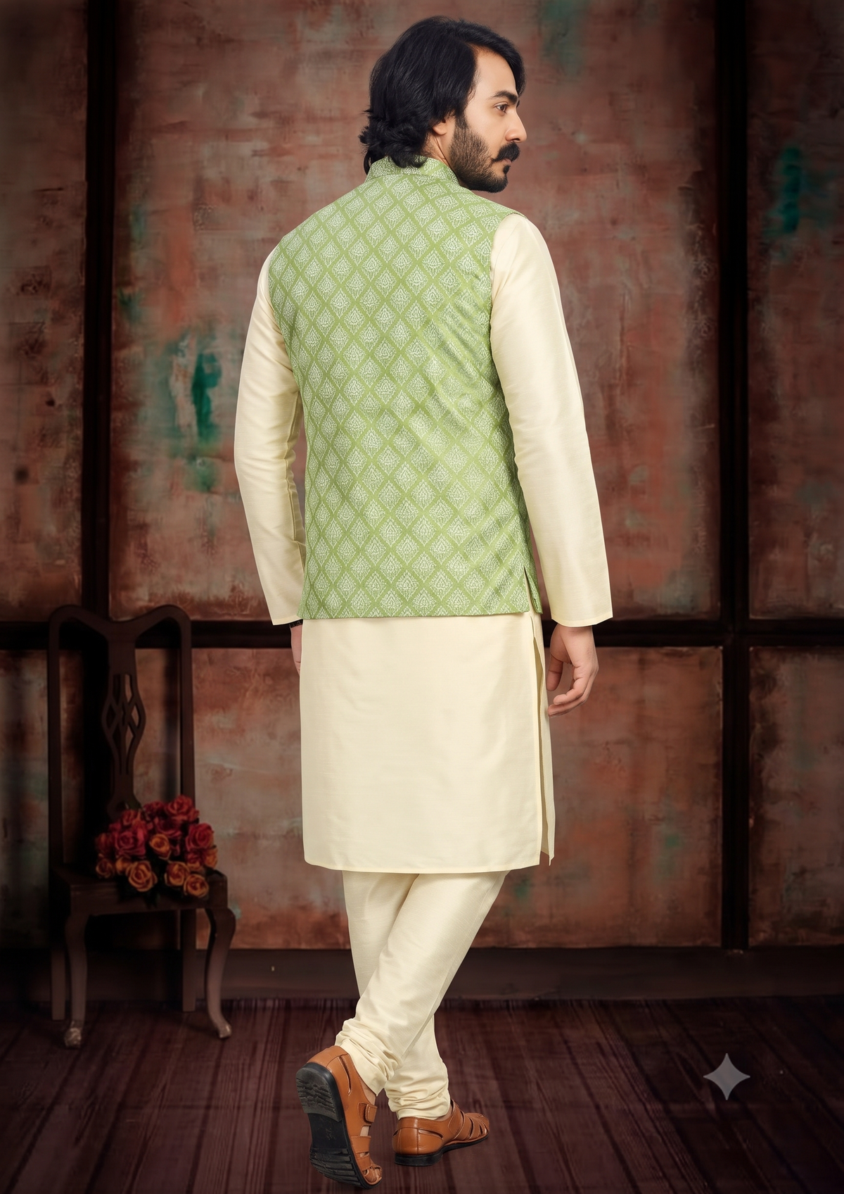 KPD2019 Cream Kurta Pyjama Set With Designer Pale Green Floral Jacket (Koti) and Pocket Square