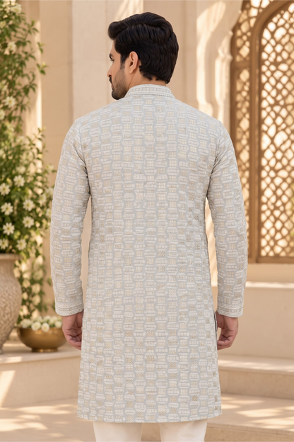 KPD6329 Grey thread and gold sequins work kurta with White Pyjama