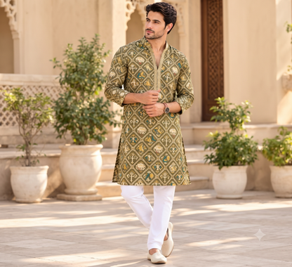 KPD6098 V-Neck Green Printed Kurta with White Pyjama Set