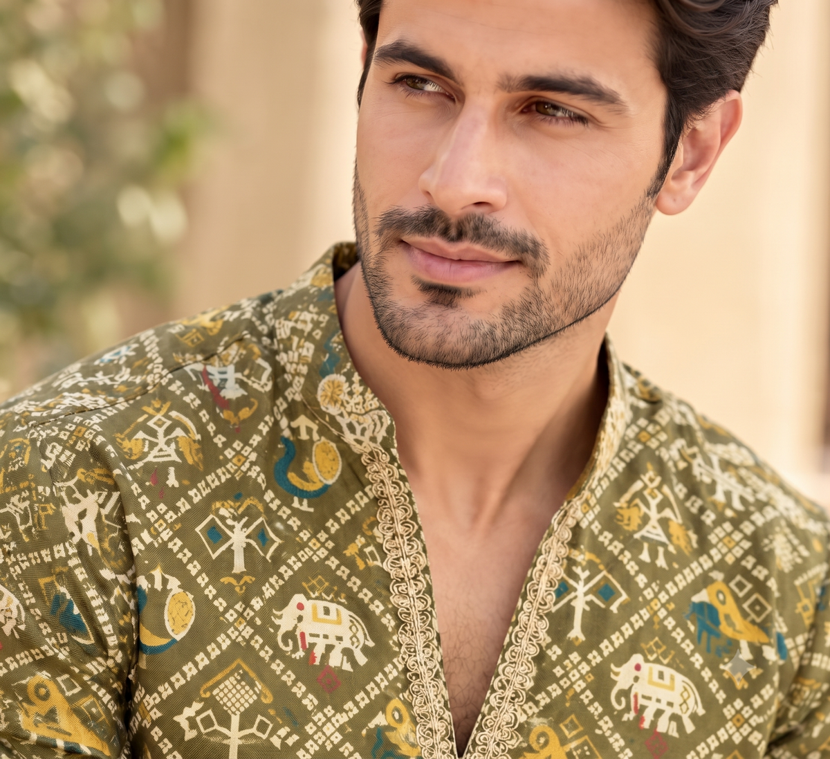 KPD6098 V-Neck Green Printed Kurta with White Pyjama Set