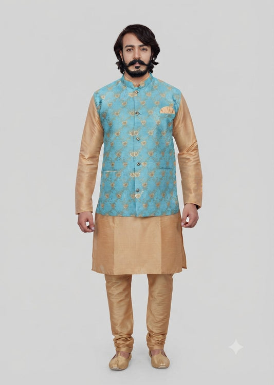KPD5020 Gold Kurta Pyjama Set With Designer Cyan Floral Jacket (Koti) and Pocket Square