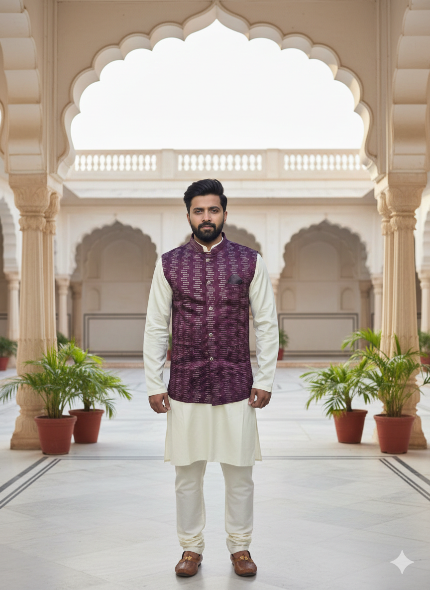 KPD6209 White Kurta Pyjama and Deep Wine Nehru Jacket Set