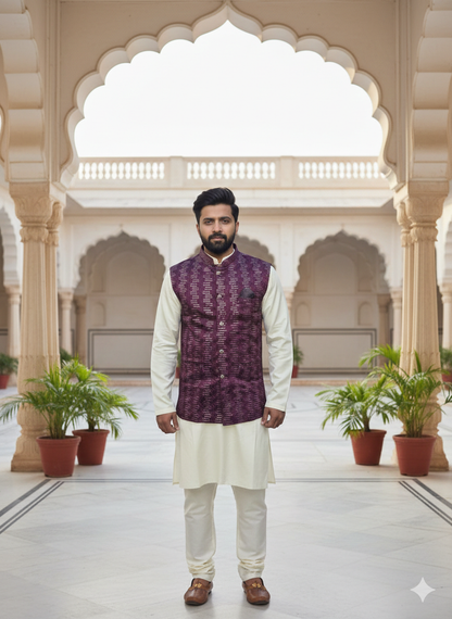 KPD6209 White Kurta Pyjama and Deep Wine Nehru Jacket Set