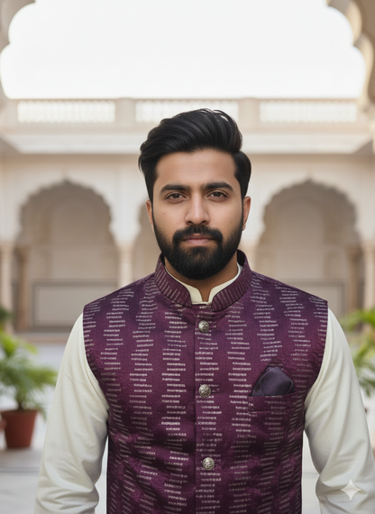 KPD6209 White Kurta Pyjama and Deep Wine Nehru Jacket Set