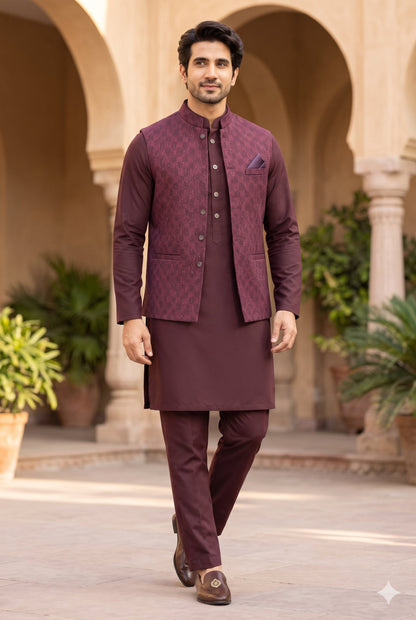 KPJ5003 Plus Size Burgundy Textured Jacquard Nehru Jacket