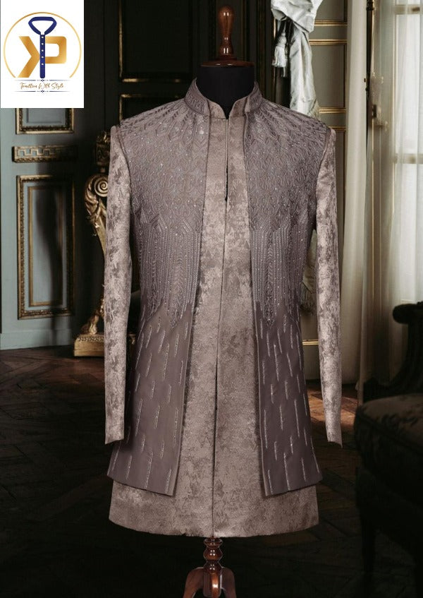 dark grey indo western set for men