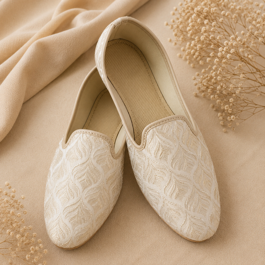 KPL0074 Cream Gold Embroidered Jutti with Jacquard Brocade Pattern
