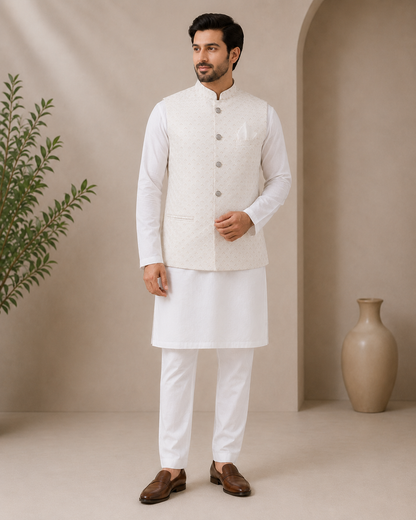KPJ7116 White Work Nehru Jacket