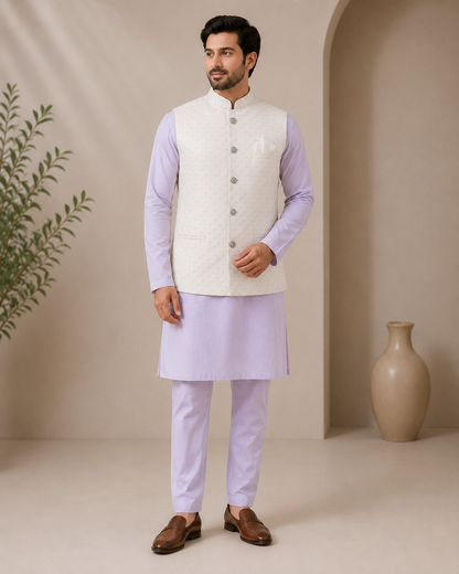 KPJ7116 White Work Nehru Jacket