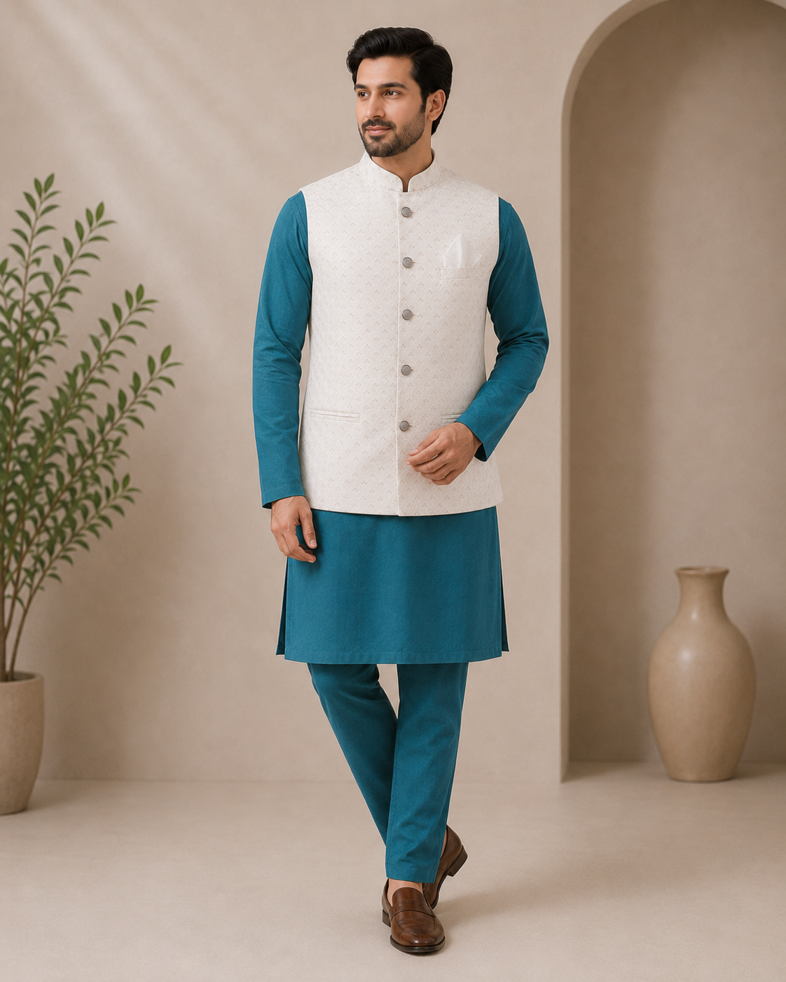 KPJ7116 White Work Nehru Jacket