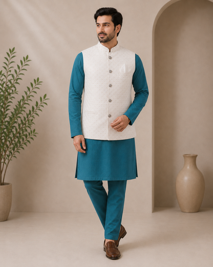 KPJ7116 White Work Nehru Jacket