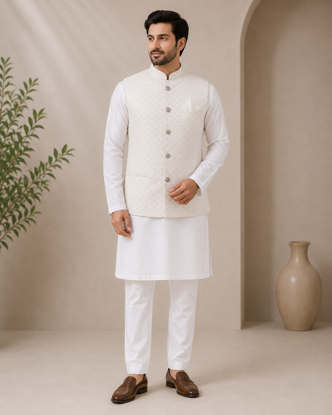 KPJ7116 White Work Nehru Jacket