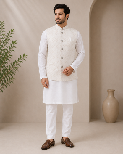 KPJ7116 White Work Nehru Jacket