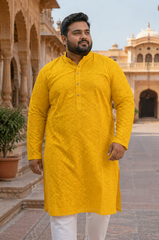 KPD4078 Plus Size Yellow Threadwork Kurta