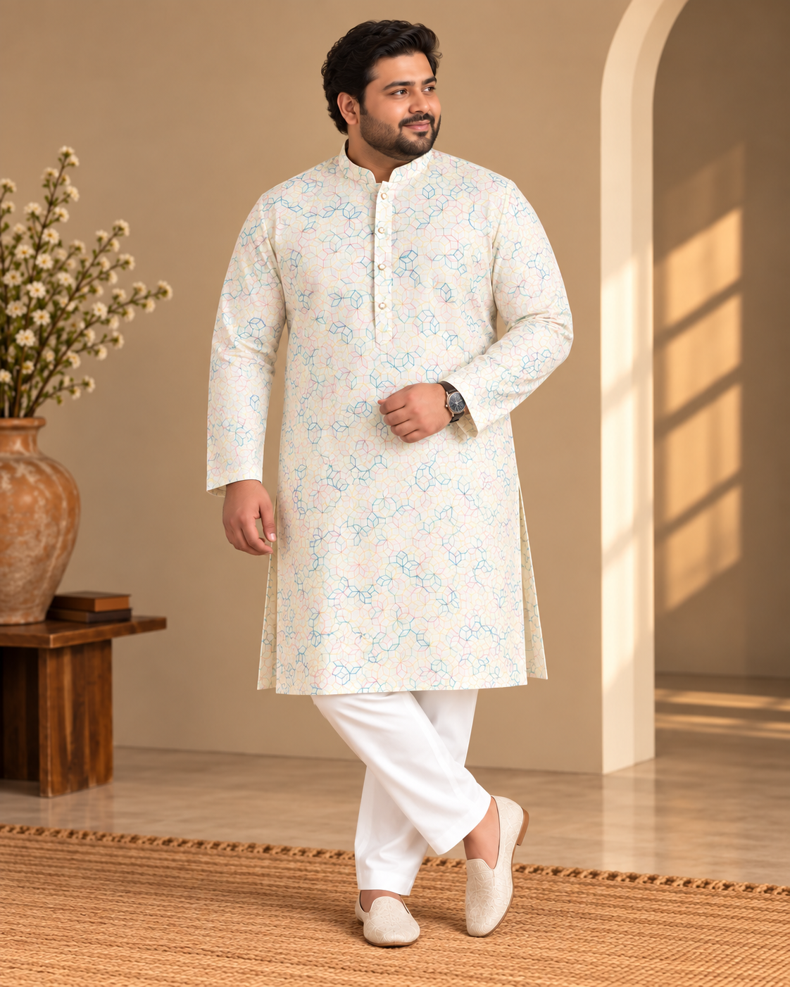 KPD4112 Plus Size Ivory Pastel Threadwork Kurta with White Pyjama