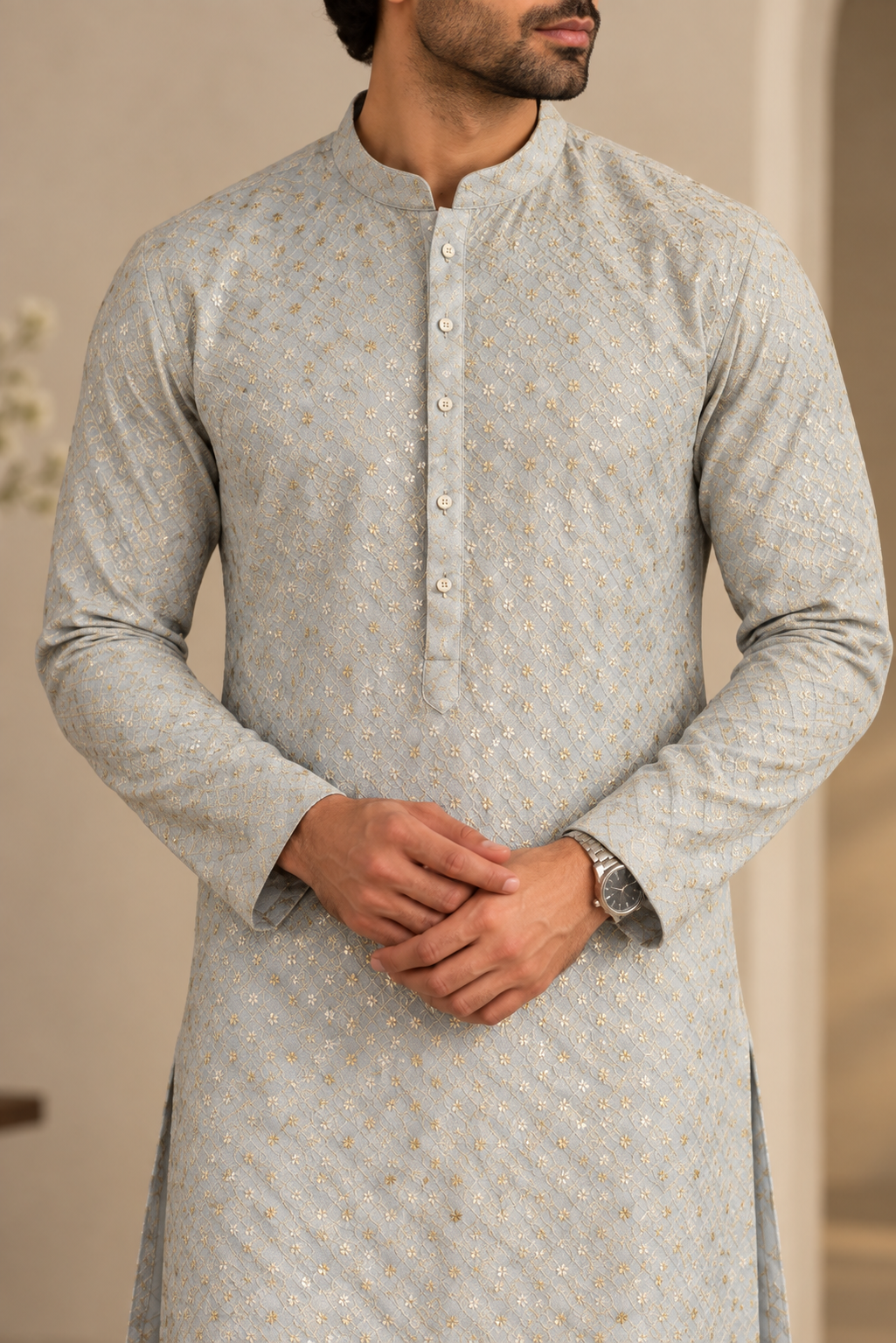 KPD6296 Metallic Grey Sequined Designer Kurta with White Pyjamas
