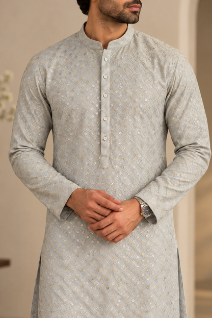 KPD6296 Metallic Grey Sequined Designer Kurta with White Pyjamas