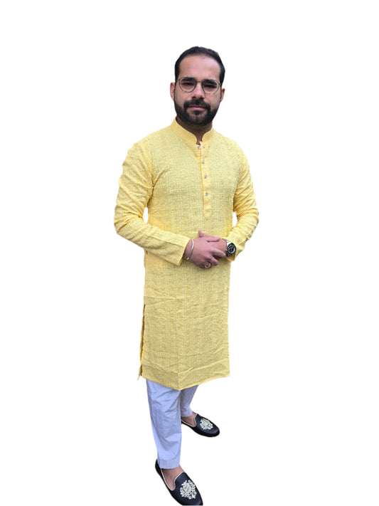 KPD5057 Yellow Mango Shade Chikankari Sequence Kurta Pyjama Set For Men