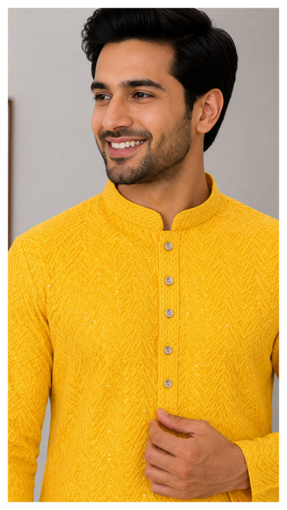 KPC1045 Lemon Yellow Jacquard Kurta Pyjama Set