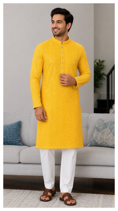 KPC1045 Lemon Yellow Jacquard Kurta Pyjama Set
