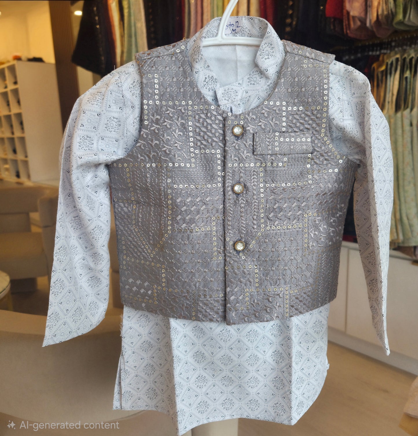 KPK2016 Metallic Grey Embroidered Nehru Jacket with Printed Kurta Pyjama Set – 6 to 12 Months