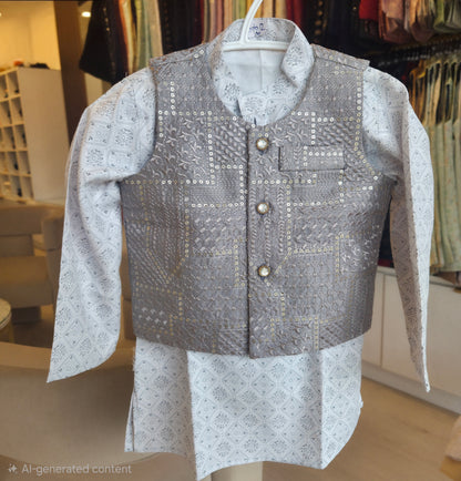 KPK2016 Metallic Grey Embroidered Nehru Jacket with Printed Kurta Pyjama Set – 6 to 12 Months