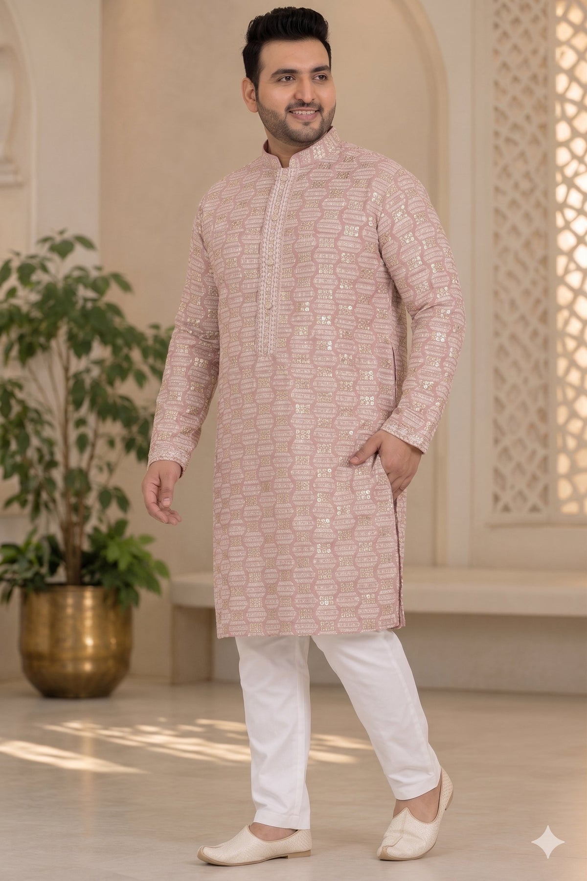 KPD4140 Dusty Rose Pink Embroidered Plus Size Kurta with White Pyjama Set