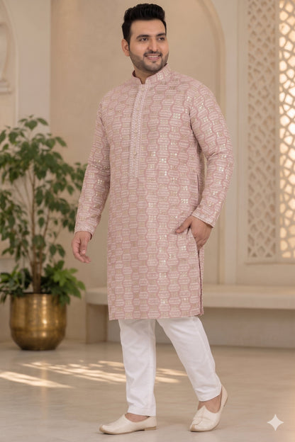 KPD4140 Dusty Rose Pink Embroidered Plus Size Kurta with White Pyjama Set
