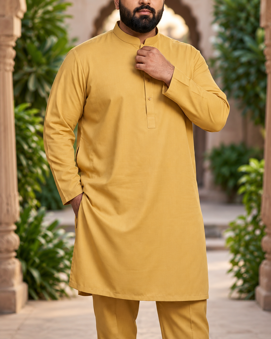 KPD4126 Plus Size Plain Gold Kurta with White Pyjama