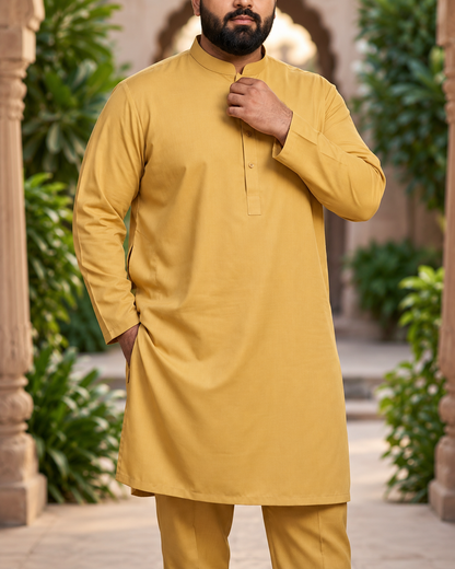 KPD4126 Plus Size Plain Gold Kurta with White Pyjama