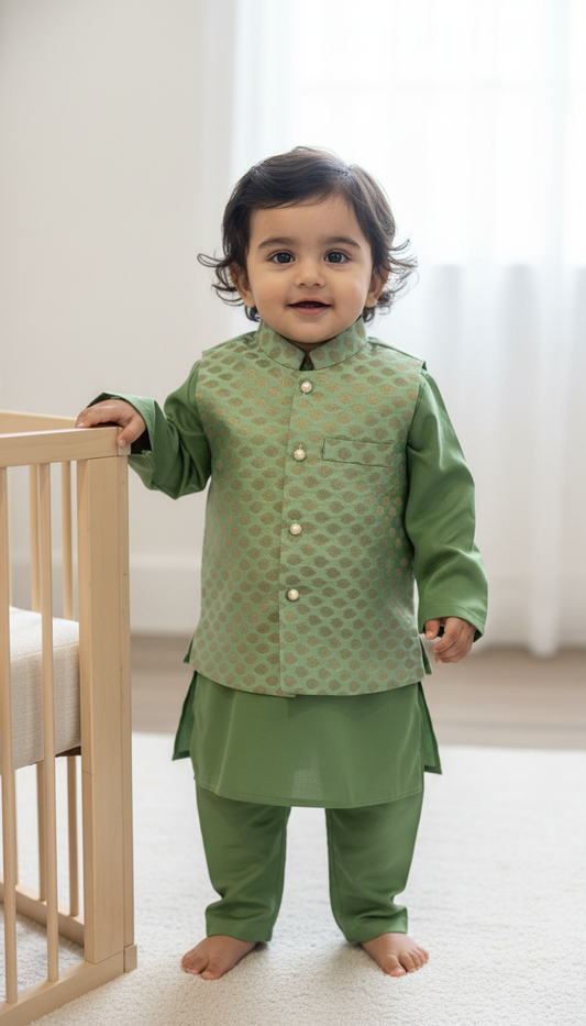 KPK7014 Green Kurta and Nehru Jacket Set 1-2 Years