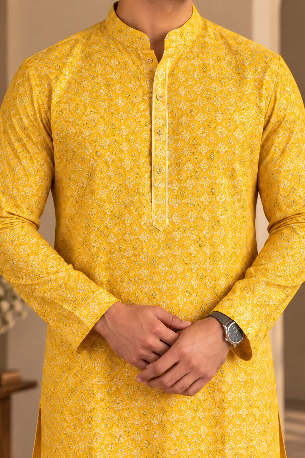 KPD6306 Sunshine Yellow Floral Patterned Designer Kurta Pyjama Set