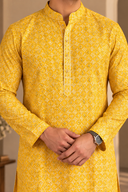 KPD6306 Sunshine Yellow Floral Patterned Designer Kurta Pyjama Set