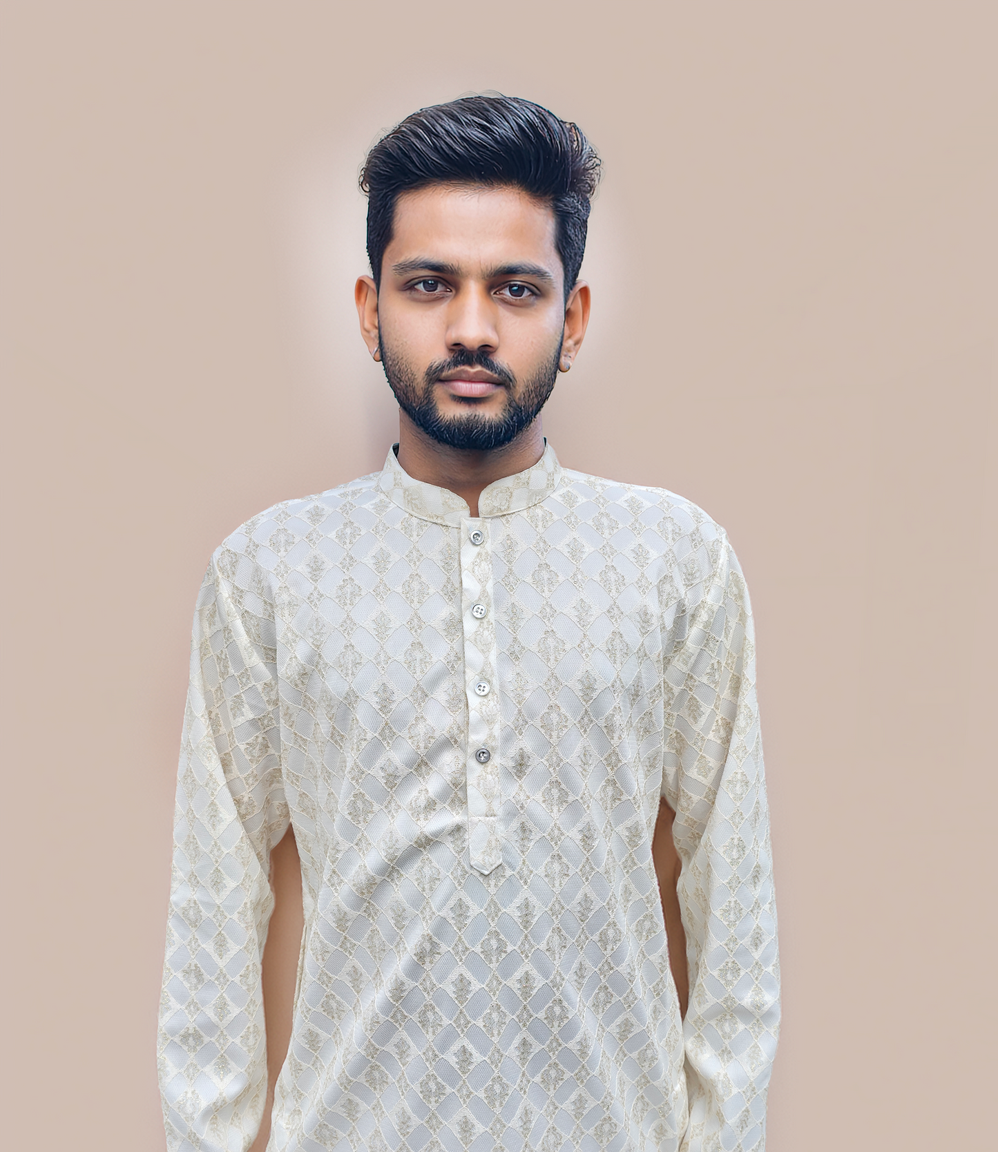 KPD6160 Ivory Gold Jacquard Weave Kurta Pyjama Set with Metallic Shine