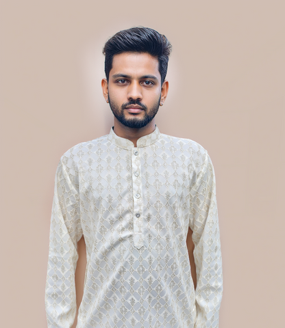 KPD6160 Ivory Gold Jacquard Weave Kurta Pyjama Set with Metallic Shine
