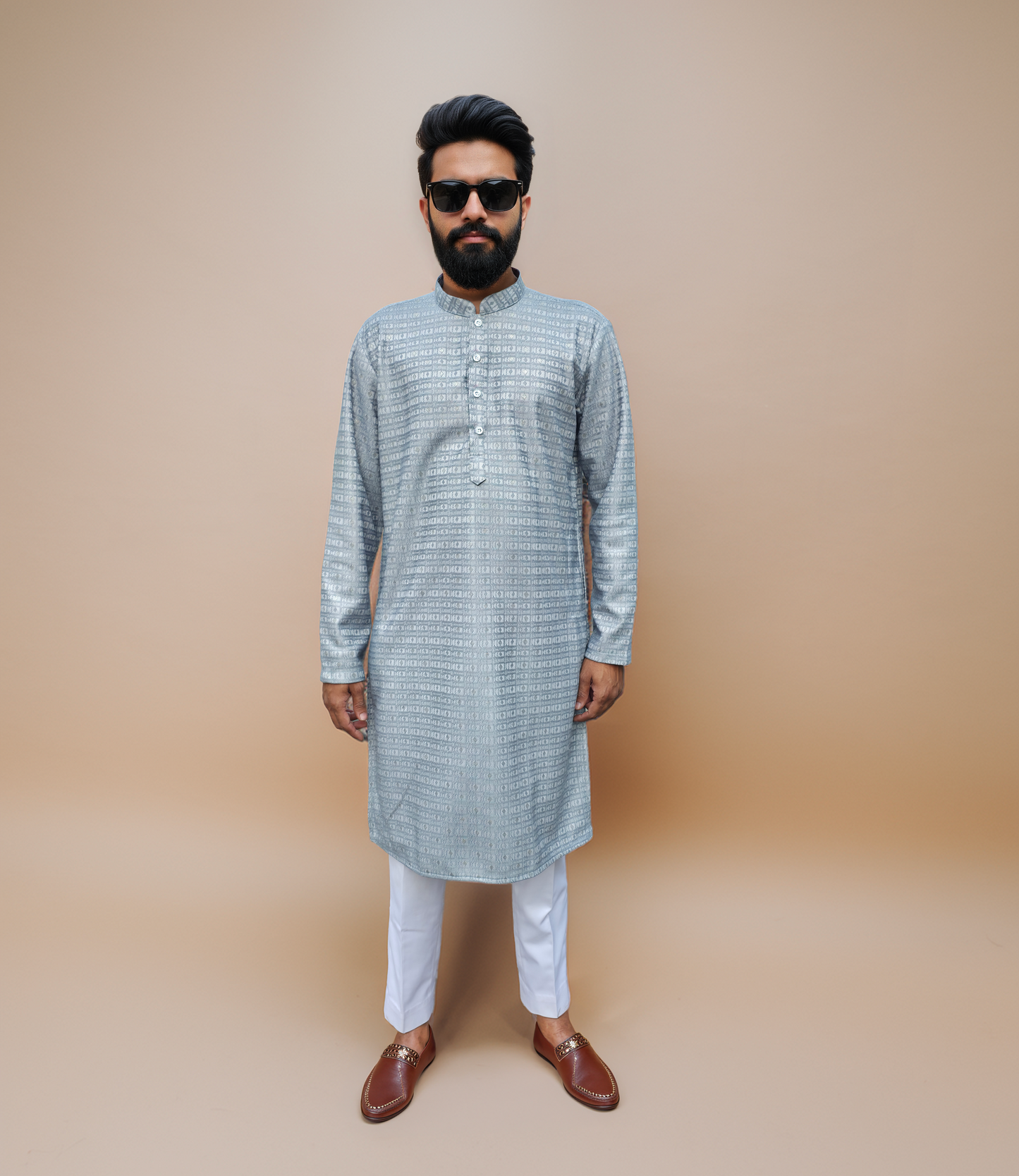 KPD6165 Grey Jacquard Weave Kurta Pyjama Set with Metallic Shine
