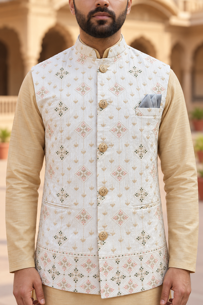 KPD6196 Gold Kurta Pyjama and Designer Nehru Jacket Set