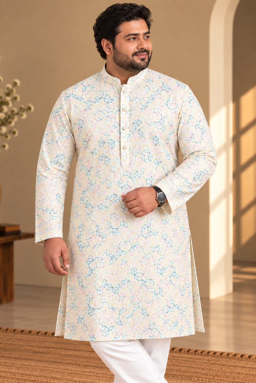 KPD4112 Plus Size Ivory Pastel Threadwork Kurta with White Pyjama