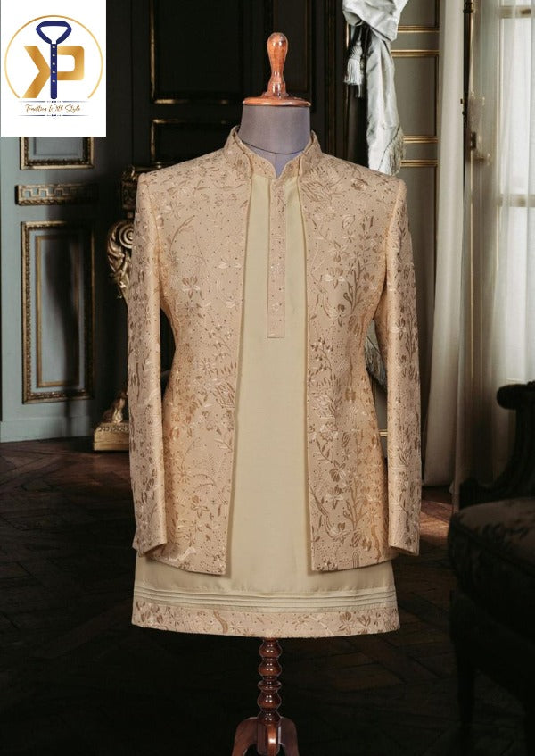 beige indo western set for men