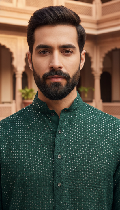 KPD6094 Dark Green Heavy Sequence Work Kurta Set