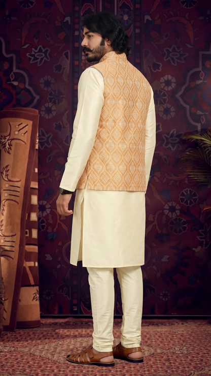 KPD2022 Cream Kurta Pyjama Set With Designer Golden Floral Jacket (Koti) and Pocket Square
