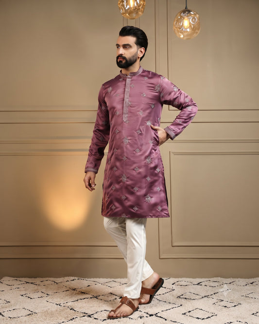 KPD6025 Dusty Mauve Silk Embroidered Kurta with White Pyjama Set
