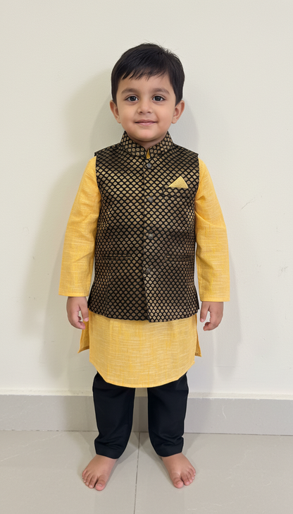 KPK7042 Yellow Kurta With Black Golden Nehru Jacket 3-4y
