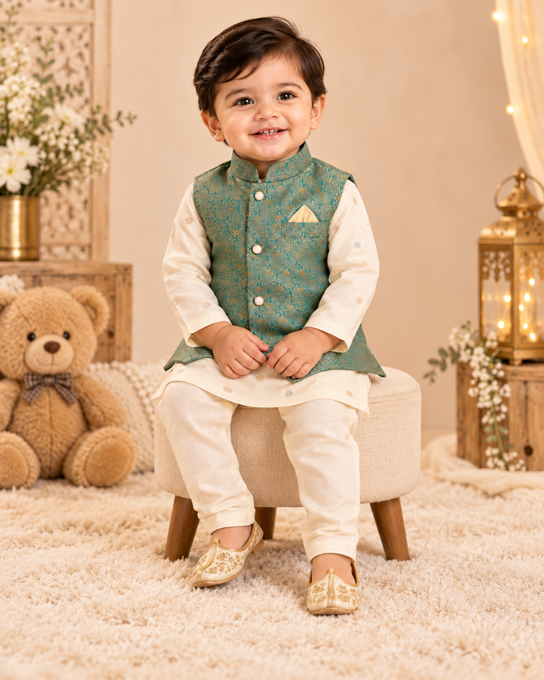 KPK2032 Ivory Kurta Pyjama Set with Teal Gold Nehru Jacket