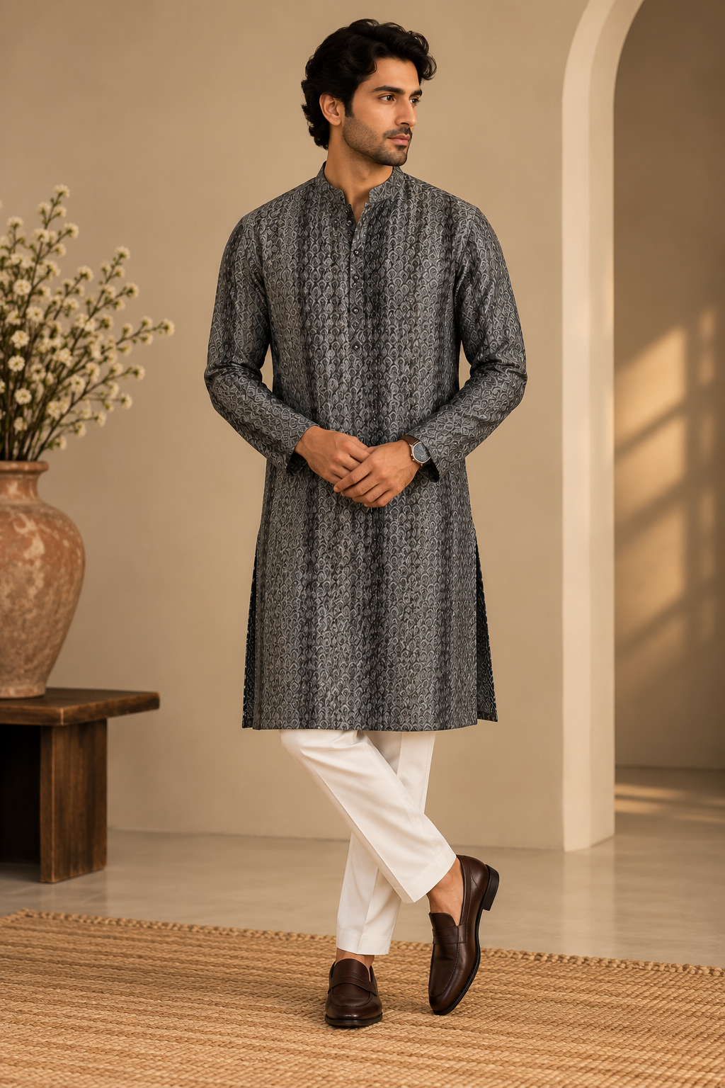 KPD6300 Dark Metallic Grey Self-Patterned Designer Kurta Pyjama Set