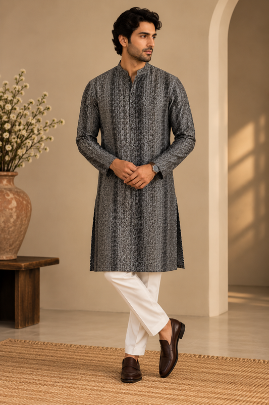 KPD6300 Dark Metallic Grey Self-Patterned Designer Kurta Pyjama Set