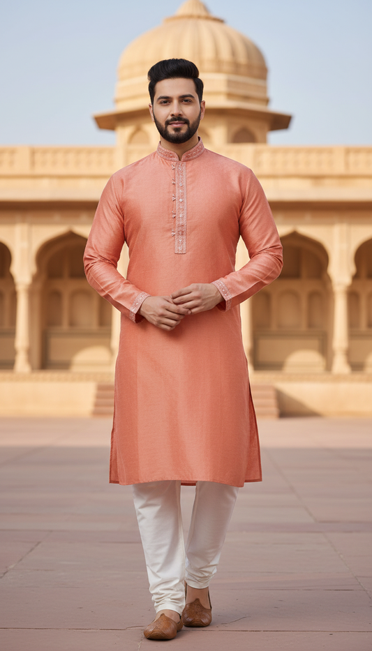 KPD6036 Men Peach Kurta Pyjama Set